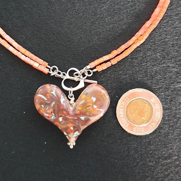 Vintage 1990s Bold Lampwork Art Glass Heart 925 Silver Pendant Necklace - Picture 5 of 14
